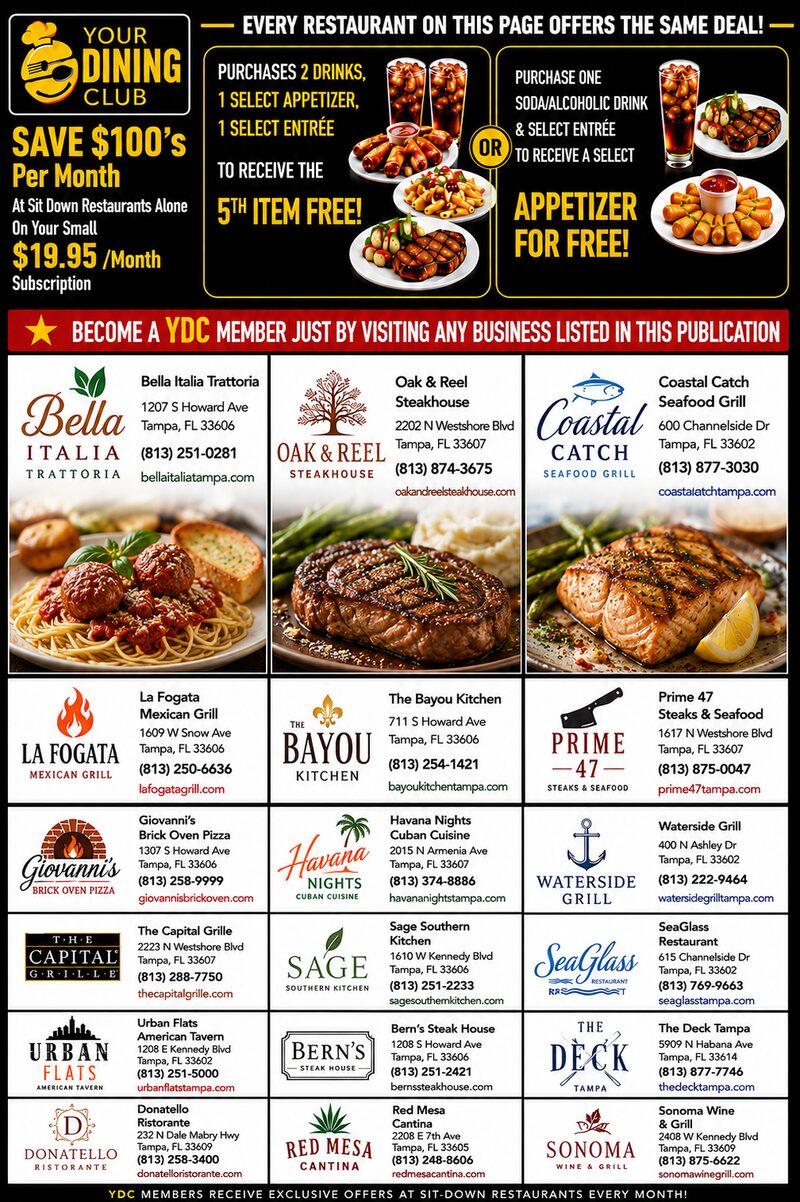 Sit-Down Restaurants advertising page: Purchase 2 Drinks, 1 Select Appetizer & 1 Select Entrée — To receive the 5th item FREE!, or Purchase One Soda/Alcoholic Drink & Select Entrée — To receive a select appetizer FREE!. Featuring Bella Italia Trattoria, Oak & Reel Steakhouse, Coastal Catch Seafood Grill, La Fogata Mexican Grill, The Bayou Kitchen, Prime 47 Steaks & Seafood.